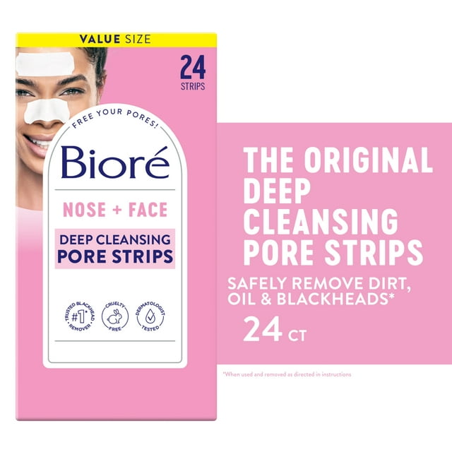 Biore Original Nose+Face Deep Cleansing Blackhead Remover Pore Strips, 12 Nose + 12 Face Strips, 24 ct