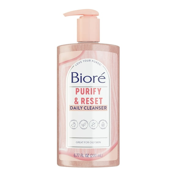 Biore Purify & Reset Daily Cleanser, Charcoal and Rose Quartz Face Wash, 6.77 oz