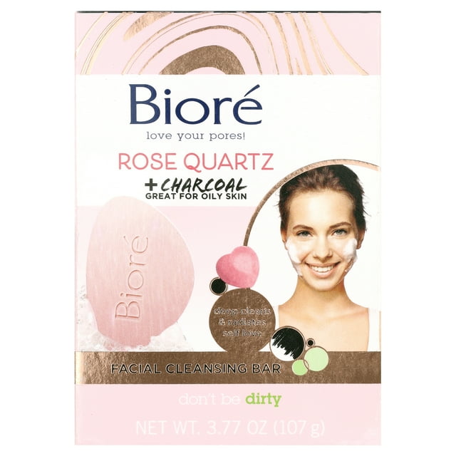 Biore Rose Quartz Facial Soap, Charcoal Face Wash for Clean Pores, 3.77
