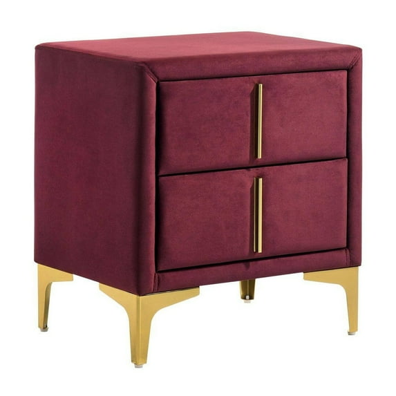 Bios 24 Inch Nightstand 2 Drawers Red Vegan Faux Leather Gold Accents - Saltoro Sherpi