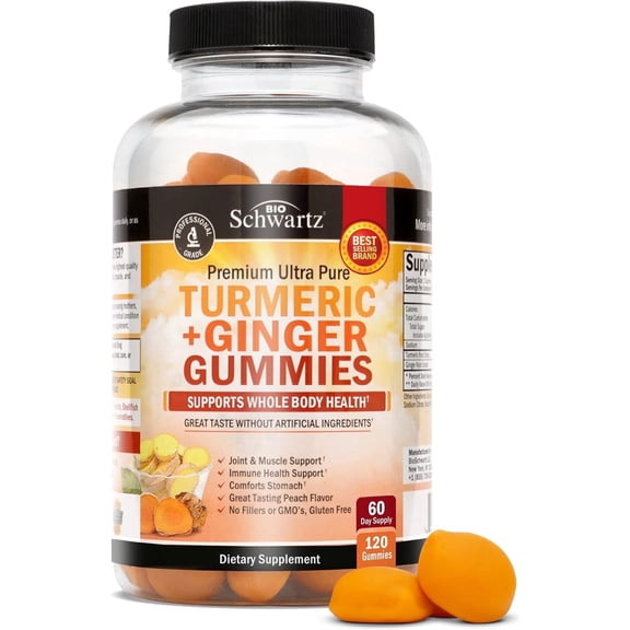 BioSchwartz Turmeric Curcumin with Ginger, Joint & Immune Support Gummies, Peach, 120 Count