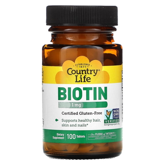 Country Life Biotin 1mg Supports Healthy Hair, Skin & Nails, 100 Tablets, Certified Gluten Free, Vegan, Halal, Non-GMO Verified