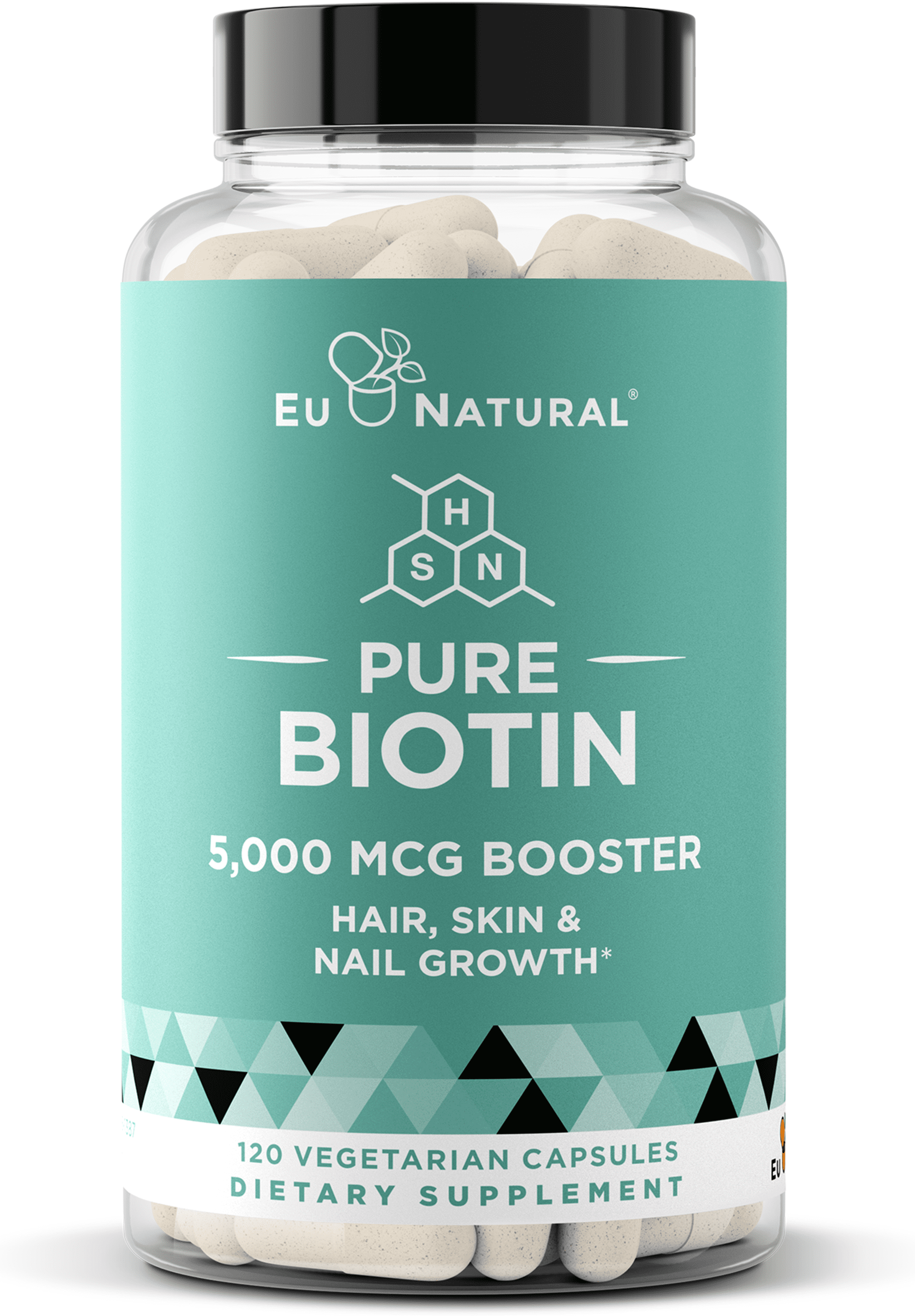 EU NATURAL Biotin 5000 mcg Hair Skin Nails Supplement High-Potency Hair Growth Vitamins for Women & Men Provide Powerful Support for Healthy Hair, Stronger Nails and Glowing Skin 120 Vegan Soft Capsules