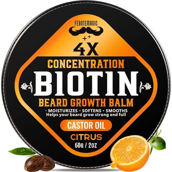 Biotin Beard Balm for Men – Conditioning & Thickening Balm with Castor, Shea & Jojoba Oils for Softer, Fuller-Looking Facial Hair – 2 oz, Citrus