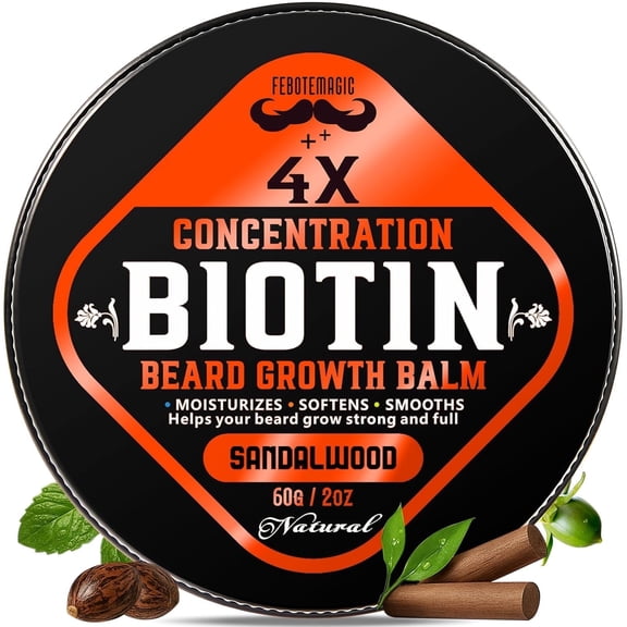 Biotin Beard Balm for Men – Conditioning & Thickening Balm with Castor, Shea & Jojoba Oils for Softer, Fuller-Looking Facial Hair – 2 oz, Sandalwood