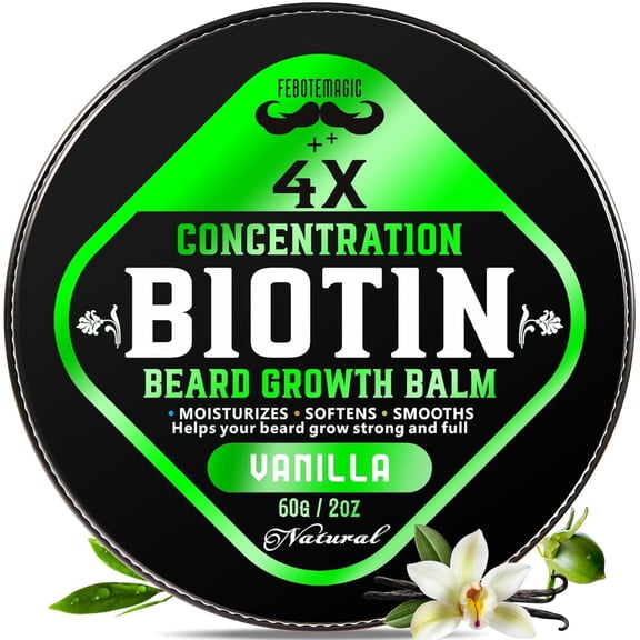 Biotin Beard Balm for Men – Conditioning & Thickening Balm with Castor, Shea & Jojoba Oils for Softer, Fuller-Looking Facial Hair – 2 oz, Vanilla