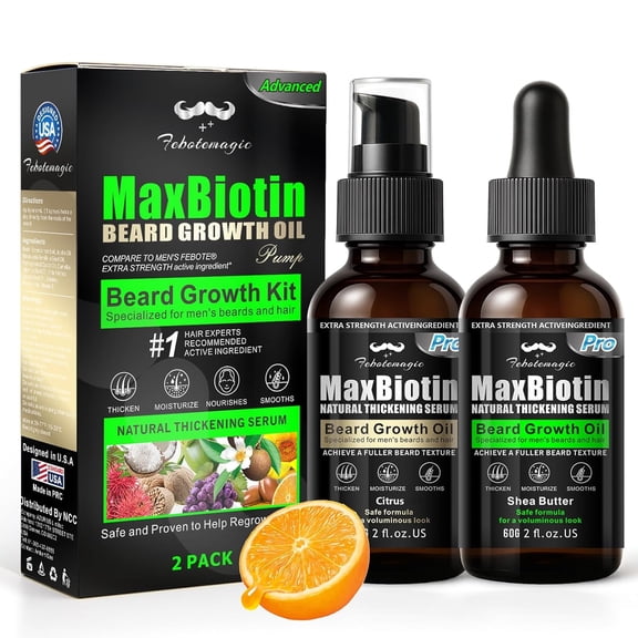 Biotin Beard Growth Oil for Men (2-Pack) – Natural Beard Oil with Jojoba & Castor Oil, Citrus & Shea Butter Scents, Thickens & Softens Coarse Beard, 2oz x 2 Grooming Gift Set