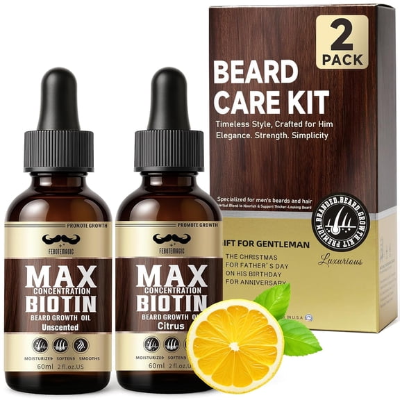 Biotin Beard Growth Oil for Men Set 2 Pack Unscented & Citrus with Castor & Grape Seed Oil for Fuller, Softer, Moisturizing Beard Gift for Father, Husband, Boyfriend 4 oz