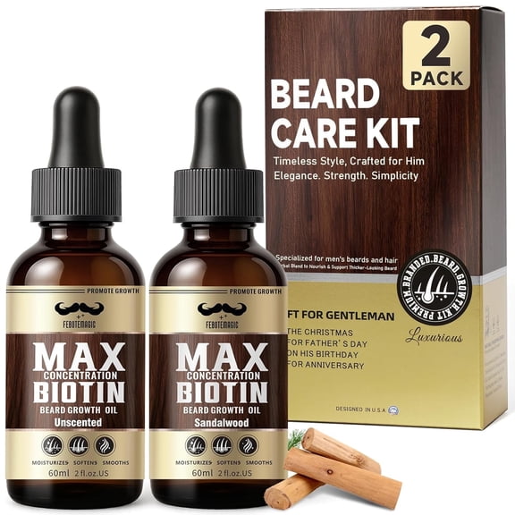 Biotin Beard Oil for Men 2 Pack, Unscented & Sandalwood, Thickening & Softening with Castor & Grapeseed Oil, 4 oz