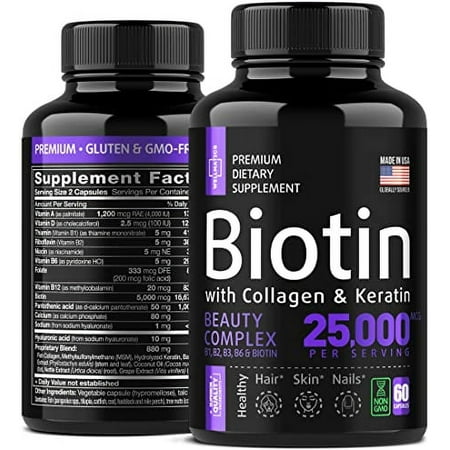 Biotin Capsules with Collagen and Keratin - 25000MCG Per Serving - Biotin Vitamins for Hair, Skin and Nails - Premium Biotin Supplement for Hair Growth for Women and Men - Metabolism Support - 60 Caps