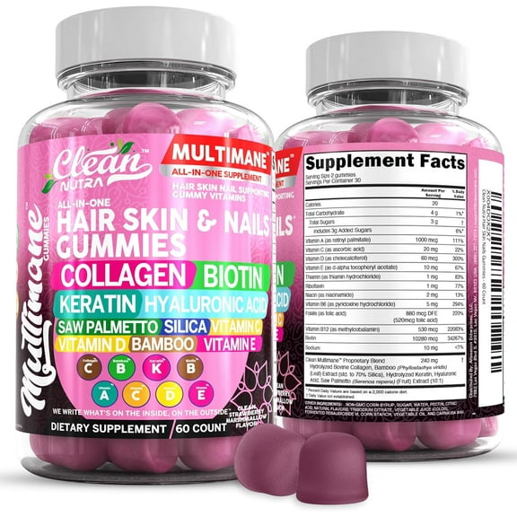 Biotin Collagen Keratin Gummies | Hair Skin and Nails Vitamins for Women | Hyaluronic Acid Bamboo Vitamin A C D3 E Folate With Saw Palmetto Silica B3 B12 Vegan Gummy By Clean Nutra