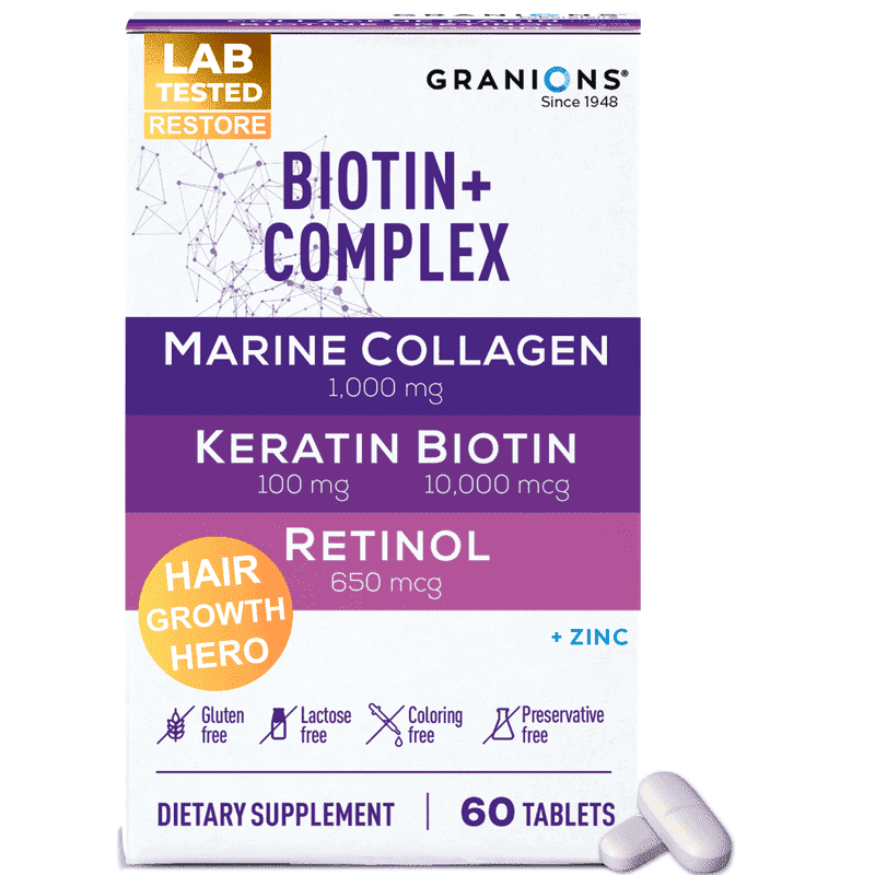 Granions Biotin 10,000mcg + Marine Collagen + Keratin + Zinc Tablets, Hair Skin Nails, 60 units