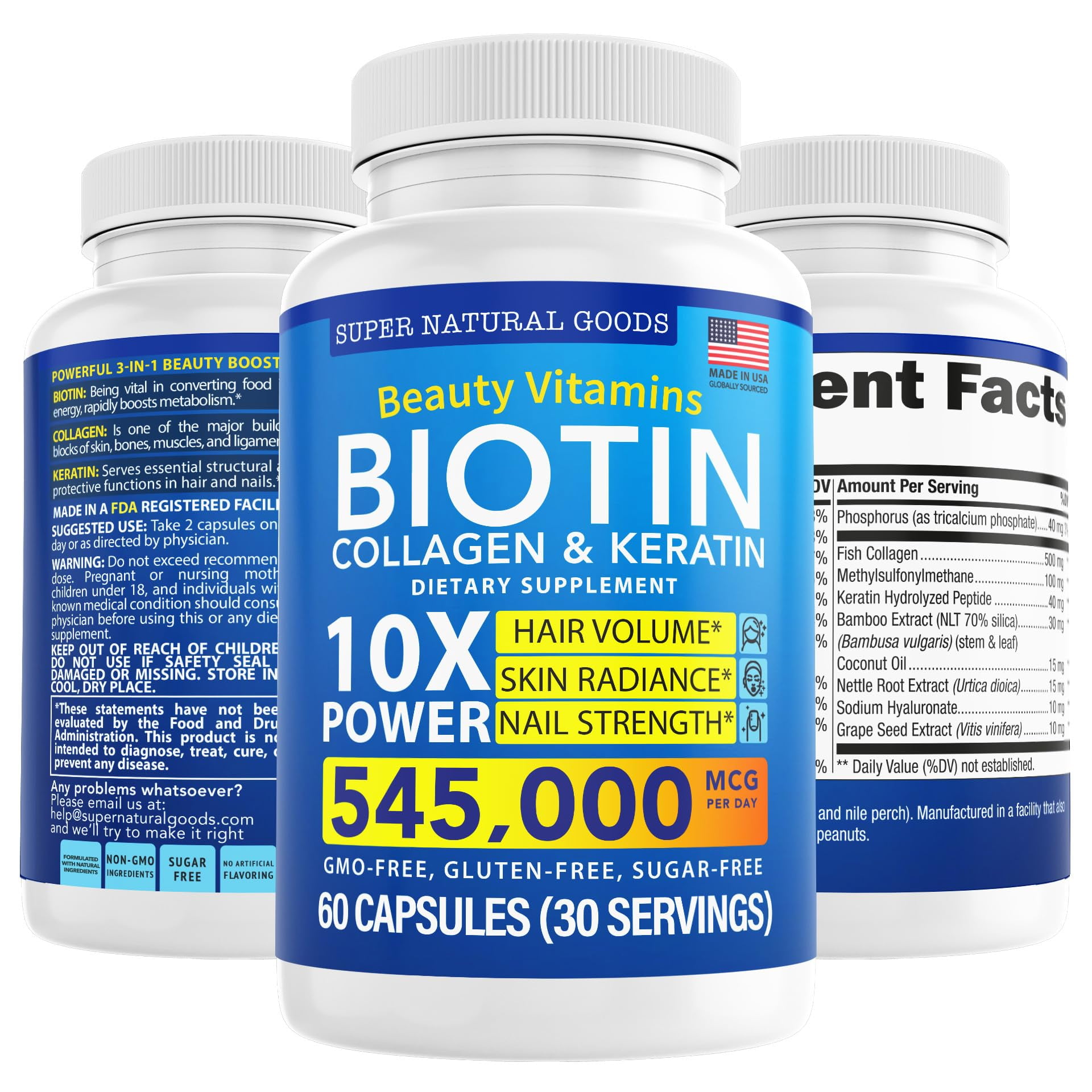 Biotin and Collagen Vitamins + Keratin with Folate - Hair Loss Treatments for Women & Men - Follicle, Skin and Nails Supplements for Hair Growth & Postpartum Support - GMO Free & Gluten Free (60 Caps