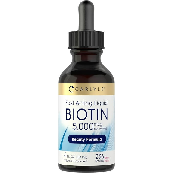 Biotin Liquid Drops 5000mcg | 4 fl oz | Berry Flavor | Vegetarian, Non-GMO & Gluten Free | by Carlyle