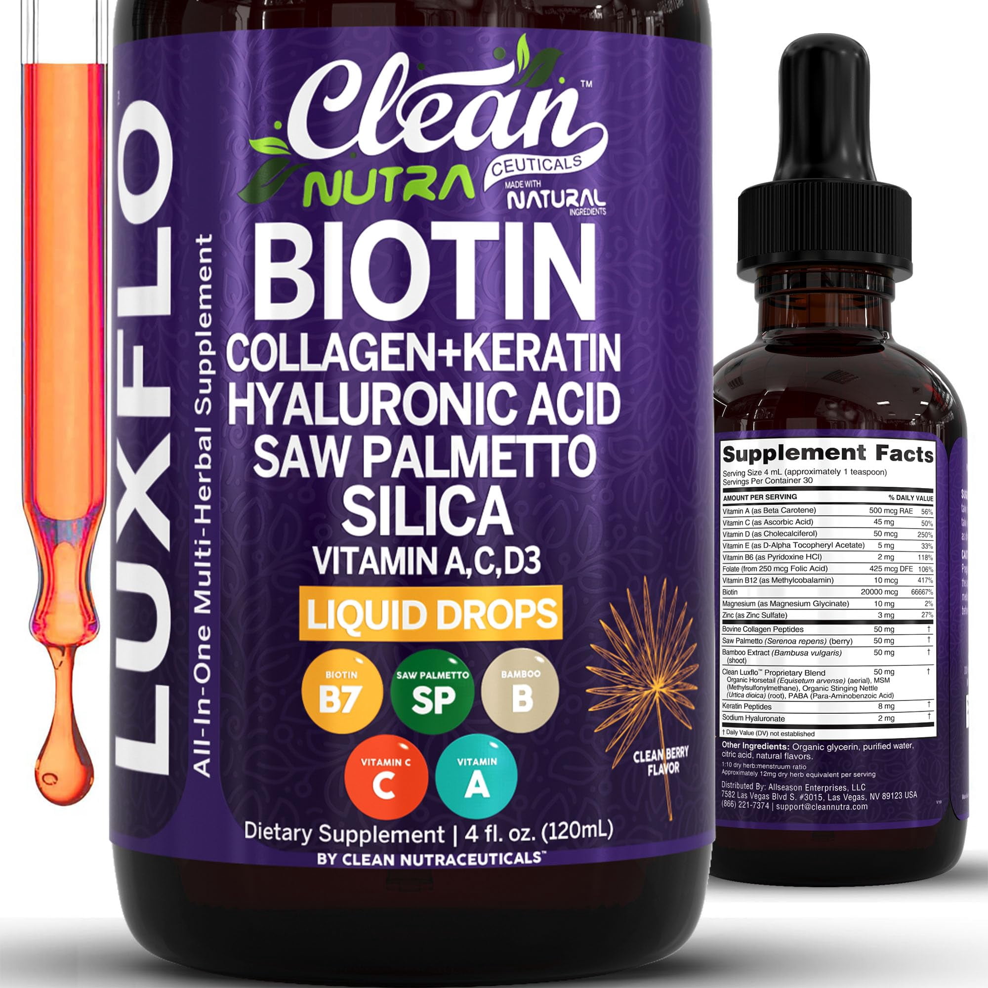 LuxFlo Liquid Biotin and Collagen Keratin Hyaluronic Acid Drops with Saw Palmetto, Silica, Vitamin A C D, Bamboo, Turmeric, Zinc and Magnesium for Hair Growth Support by Clean Nutra