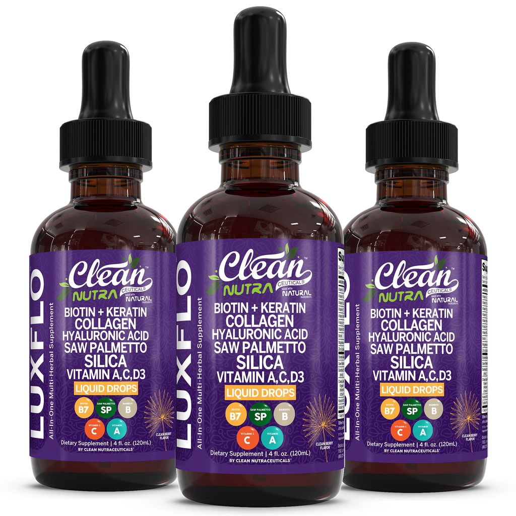 LuxFlo Liquid Biotin Collagen Drops 3 Pack - Keratin Hyaluronic Acid Saw Palmetto Hair Growth Support by Clean Nutra