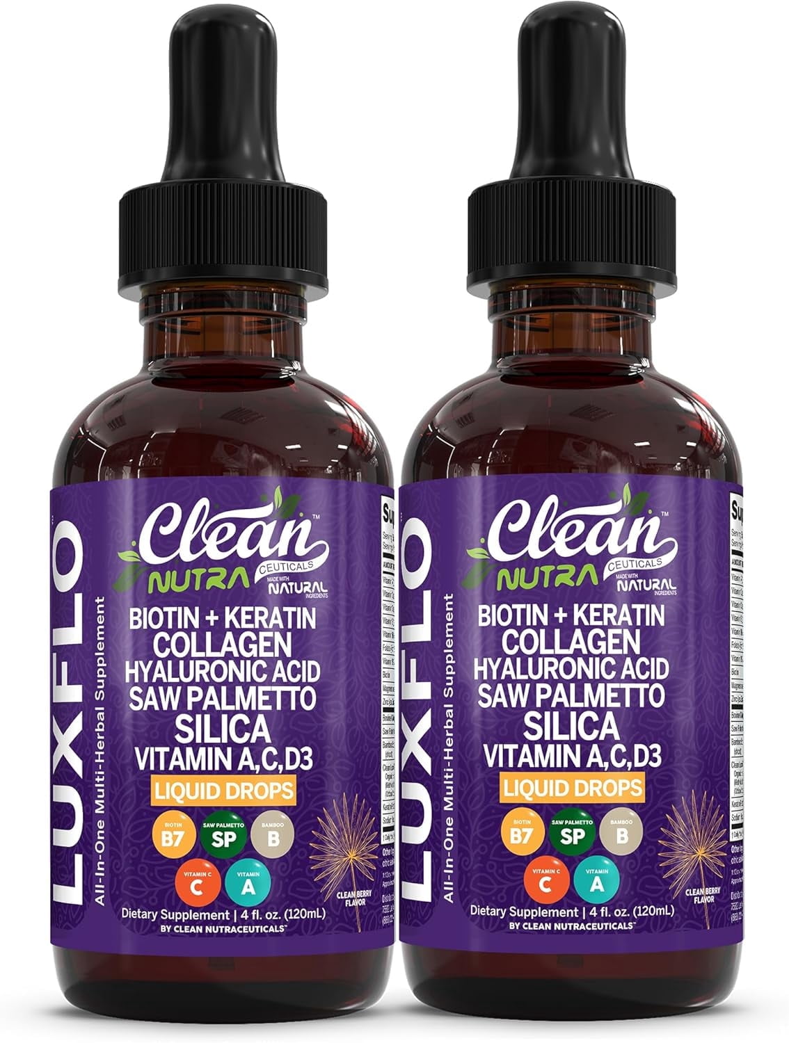 LuxFlo Liquid Biotin Collagen Drops 2 Pack - Keratin Hyaluronic Acid Saw Palmetto Hair Growth Support by Clean Nutra