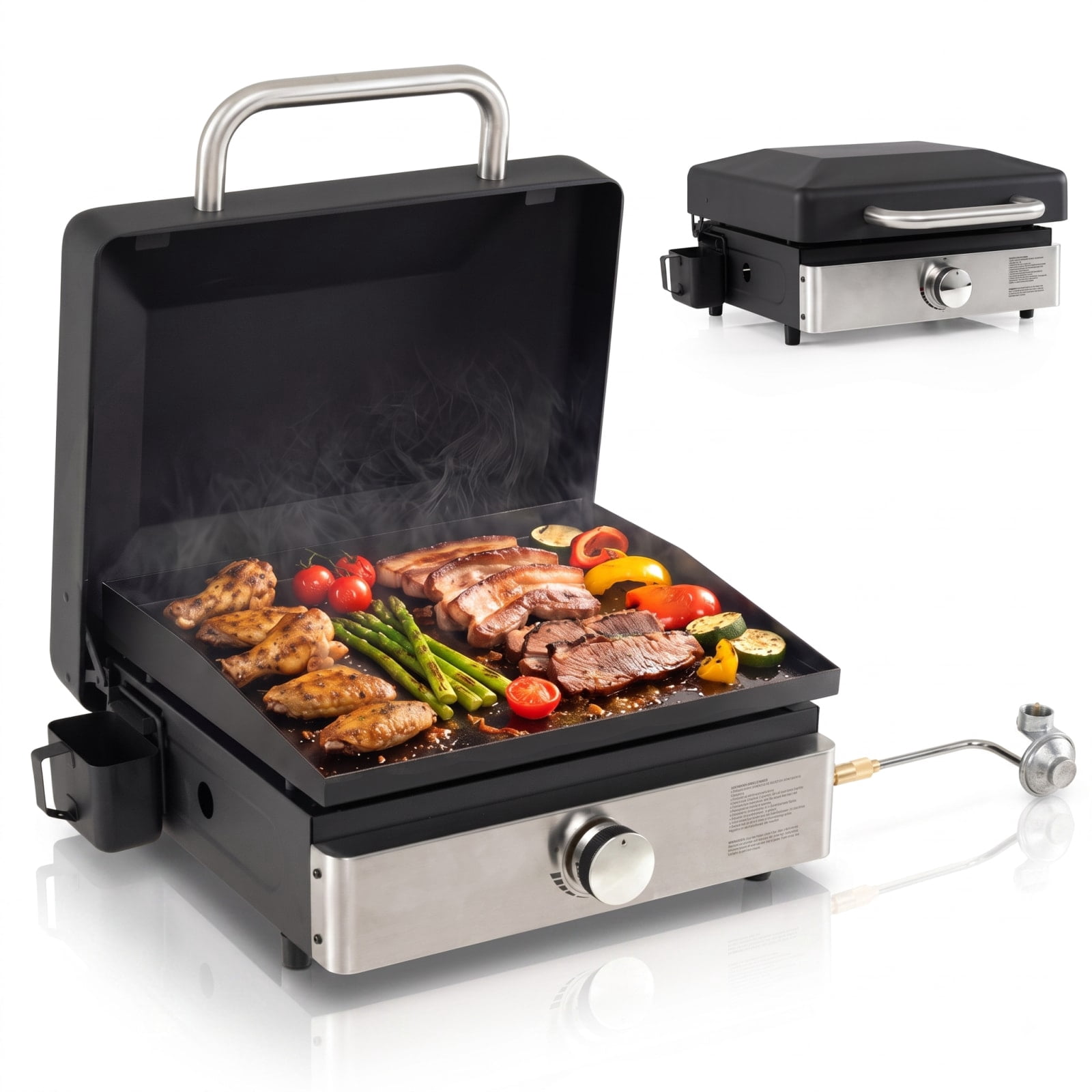 Biotree 1-Burner Portable Gas Griddle with Lid and Non-Stick Ceramic Plate for Camping BBQ, Black
