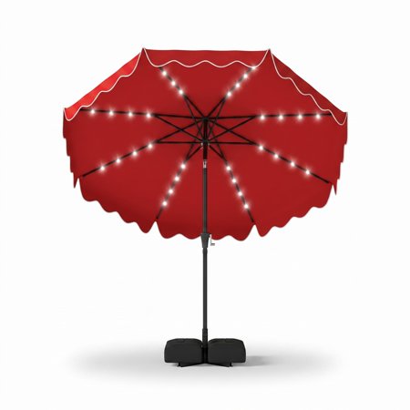 Biotree 10 FT Solar LED Patio Umbrella 32 Lights Crank Tilt 8-Rib Outdoor Market Umbrella with Weighted Base, Red