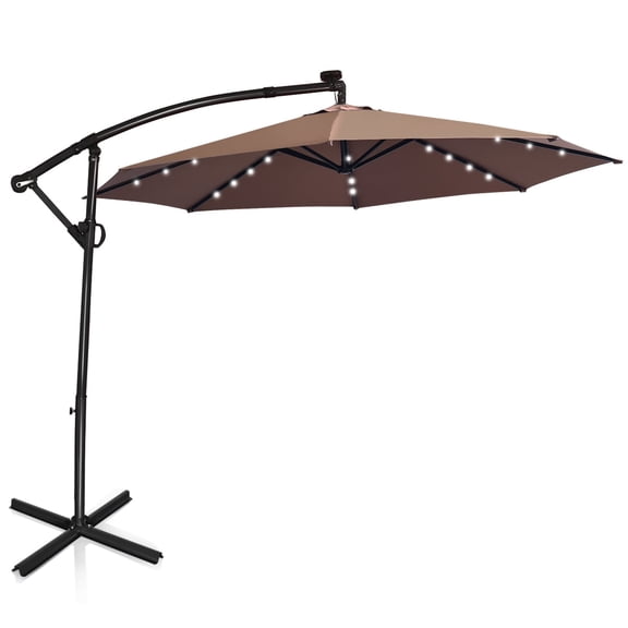 Biotree 10 ft 360° Rotation Solar Powered LED Patio Offset Umbrella without Weight Base-Tan Outdoor Backyard