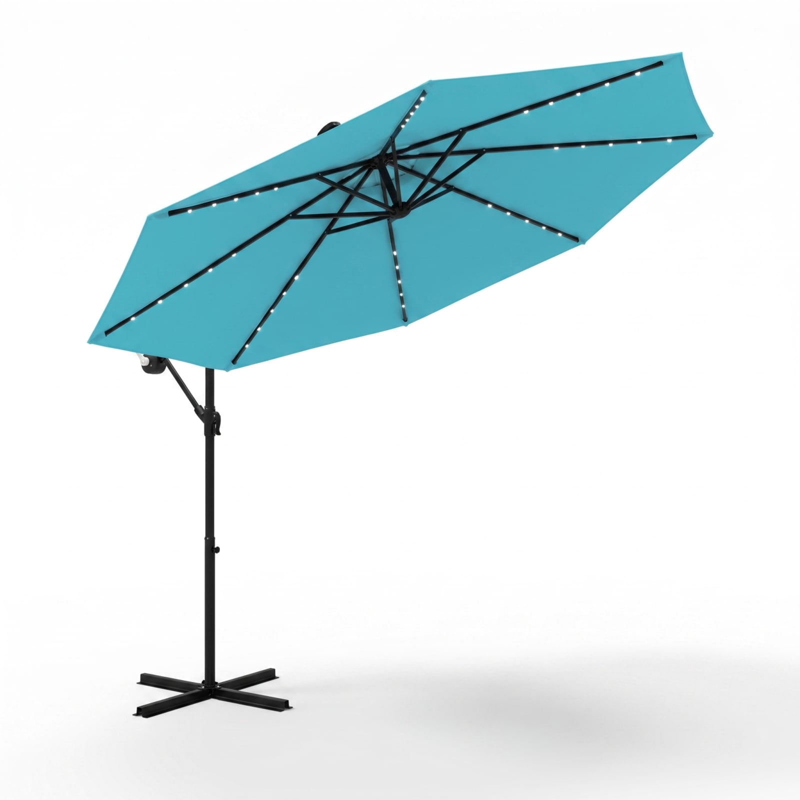 Biotree 10 ft Solar LED Offset Cantilever Patio Umbrella 40 Lights Cross Base Tilt for Deck Garden Poolside, Turquoise