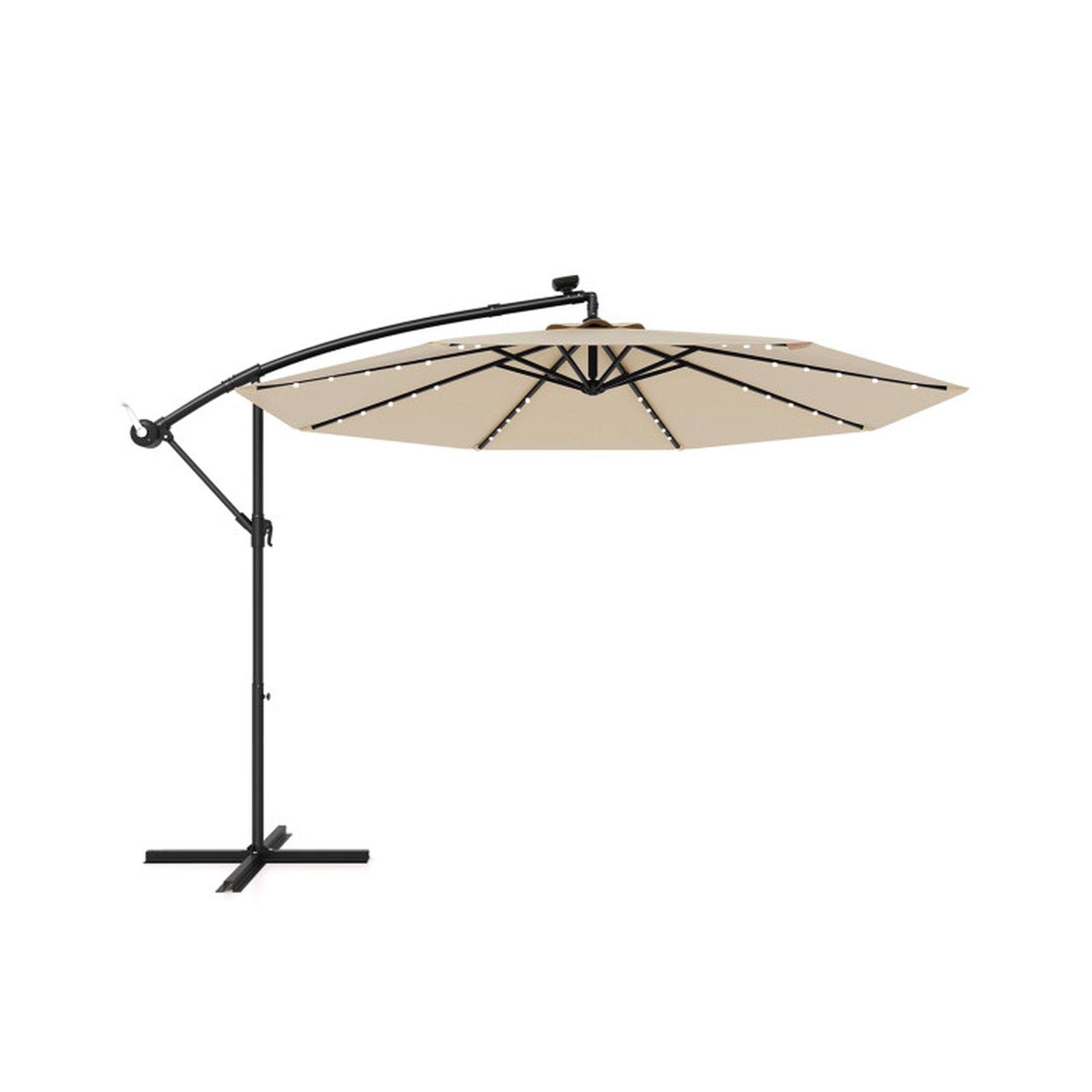 Biotree 10 ft Solar Offset Hanging Umbrella with 40 LED Lights Cross Base Included 180G Polyester Canopy for Patio Outdoor - Beige