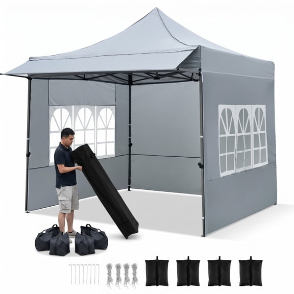 Biotree 10 x 10 ft Pop Up Canopy Tent with Sidewalls and Awning for Party Picnic Event, Gray