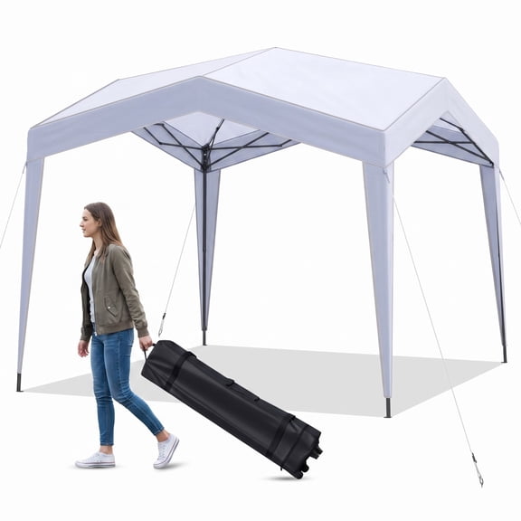 Biotree 10 x 10 ft Pop Up Canopy Tent with Wheeled Bag 8 Stakes and 4 Wind Ropes UPF50+ Outdoor Shade, White