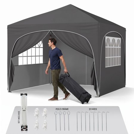 Biotree 10 x 10 ft Pop up Canopy Tent with 4 Removable Sidewalls and Wheeled Bag for Outdoor Patio, Gray