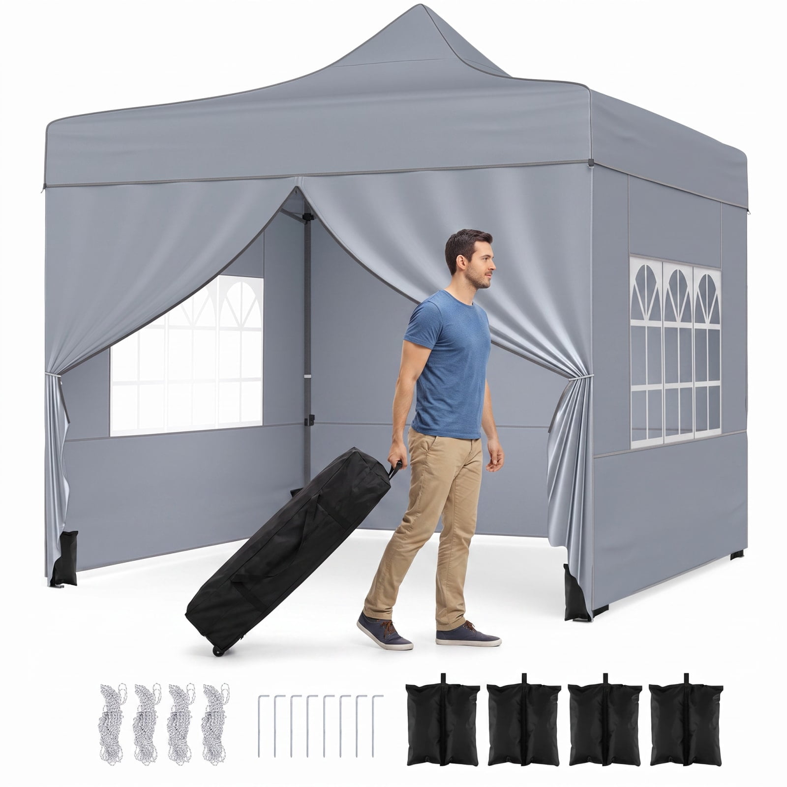 Biotree 10 x 10 ft Pop up Canopy Tent with 4 Removable Sidewalls and Wheeled Bag for Patio Party, Gray