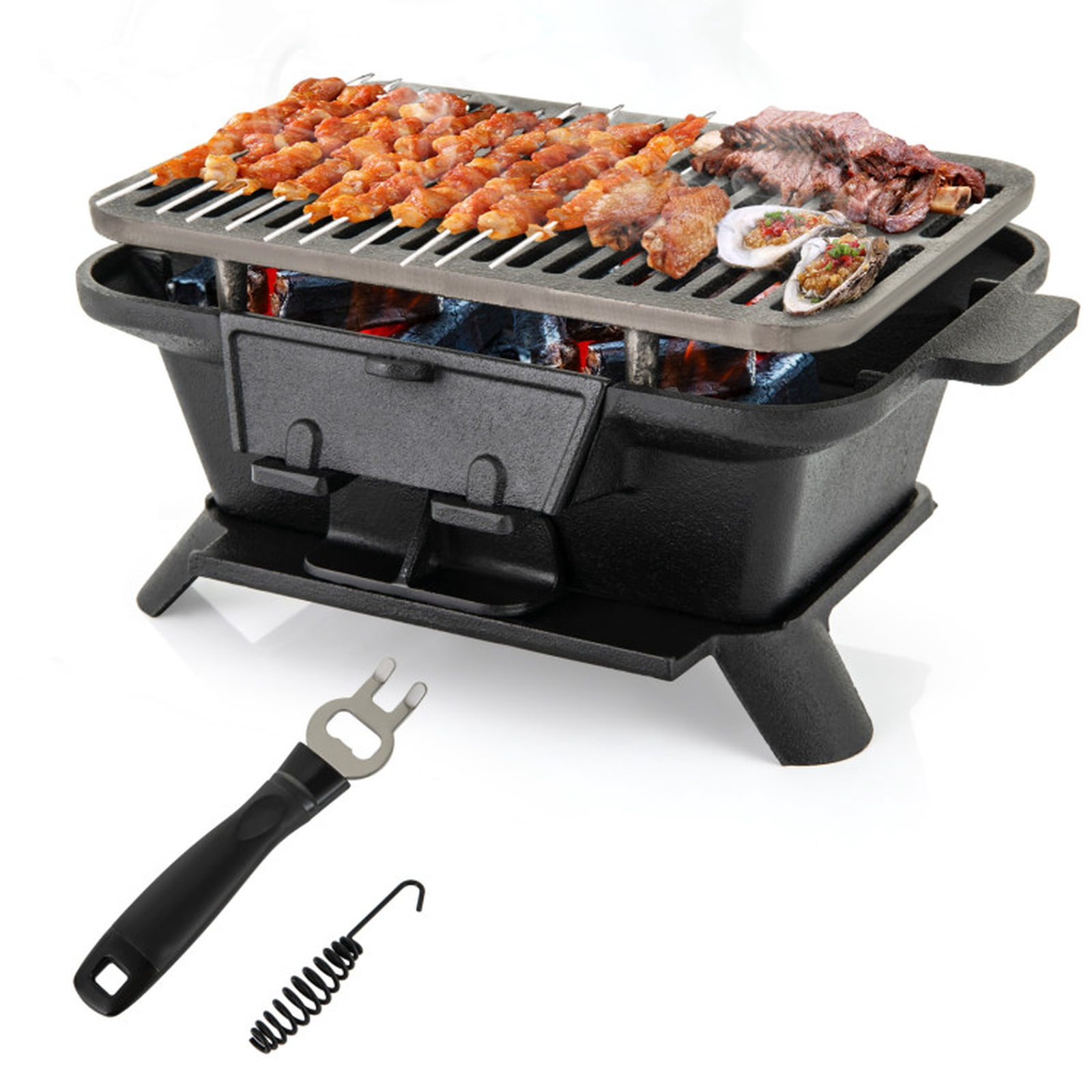 Biotree 100% Cast Iron Hibachi Charcoal Grill with Adjustable Height Grate and Grill Grate Lifter - Black