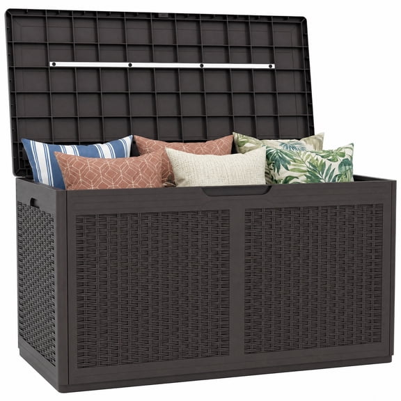Biotree 100 Gallon Deck Box Outdoor Storage, Brown Waterproof Resin Patio Bench Seat for Garden Tools, Cushions & Pool Accessories