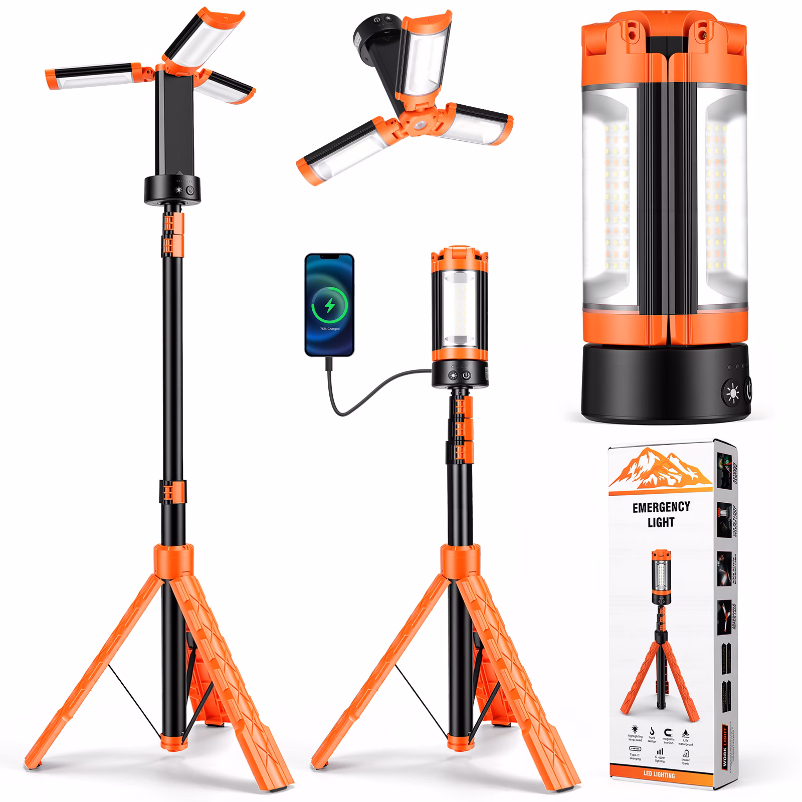 Biotree 10000mAh Rechargeable Camping Light with 6FT Telescopic Stand, 3 LED Heads, 2562 Lumens Cordless Work Light for Camping, Garage & Emergency