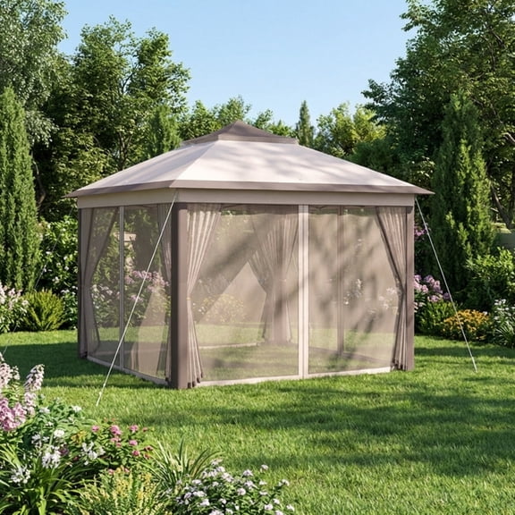 Biotree 11 x 11 Feet 2-Tier Pop-Up Gazebo Tent Portable Canopy Shelter with Carry Bag and Mesh Netting Beige