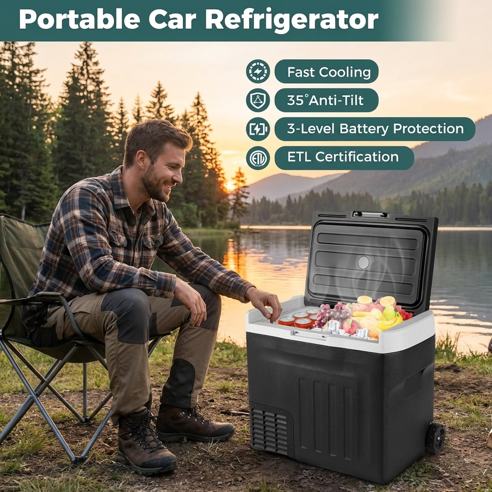 Biotree 12V Car Refrigerator 42 Qt with Touch Panel and Removable Divider, Black