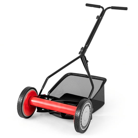Biotree 14-Inch 5-Blade Reel Push Lawn Mower with 7-Gallon Rear Catcher Bag 4 Adjustable Cutting Heights Manual Operation - Red