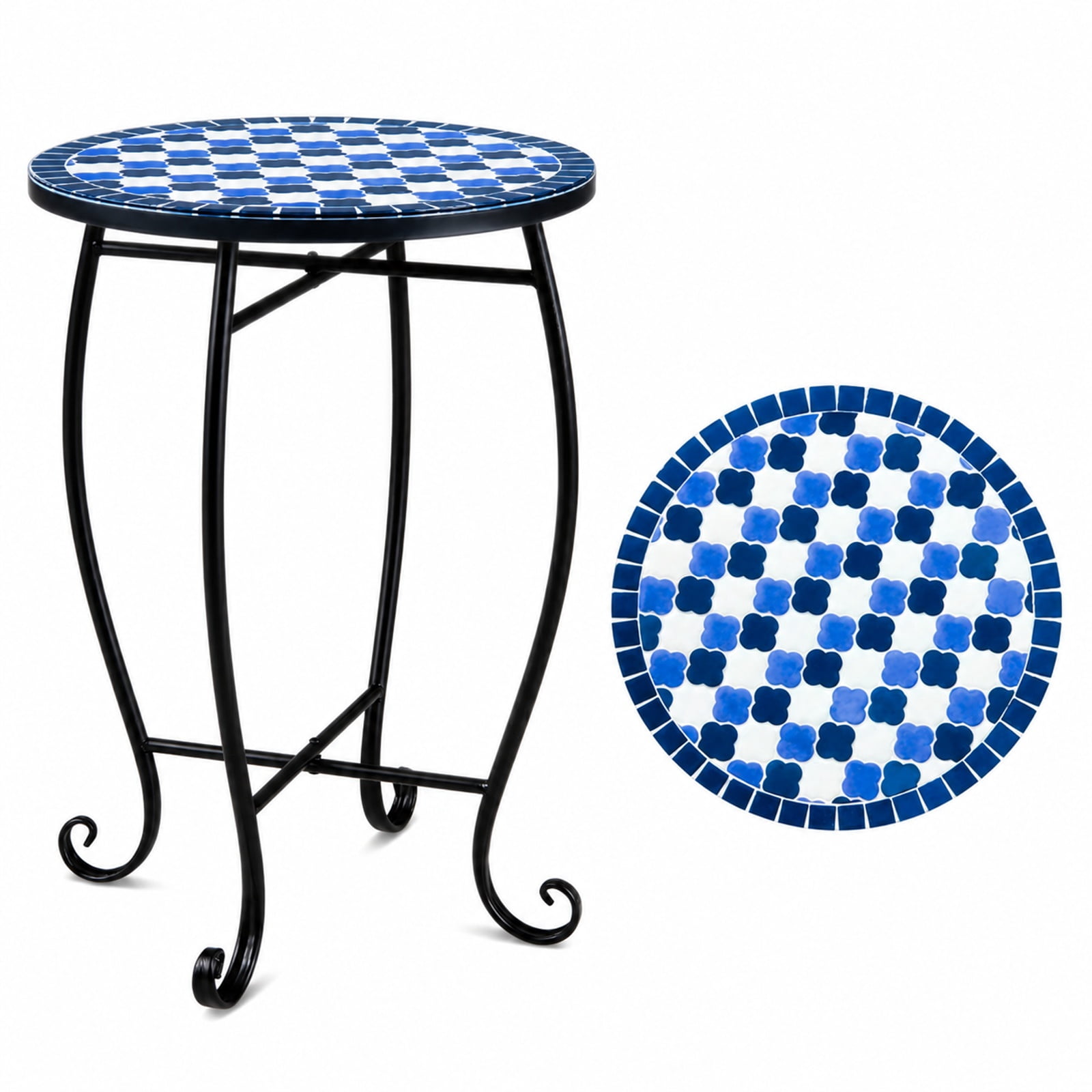 Biotree 14 Inch Metal Mosaic Accent Table, Outdoor Patio Side Table Plant Stand with Floral Clover Top and X-Frame Base for Backyard Poolside, Blue