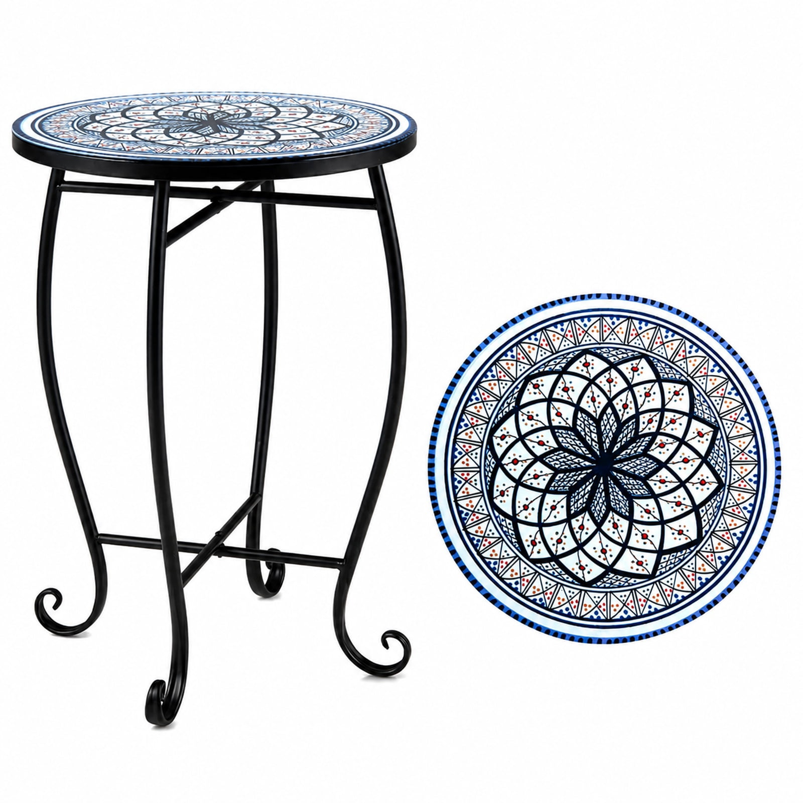 Biotree 14 Inch Mosaic Outdoor Side Table, Metal Patio Accent Plant Stand with Floral Lotus Top and Stable X-Base for Garden Porch Indoors, White