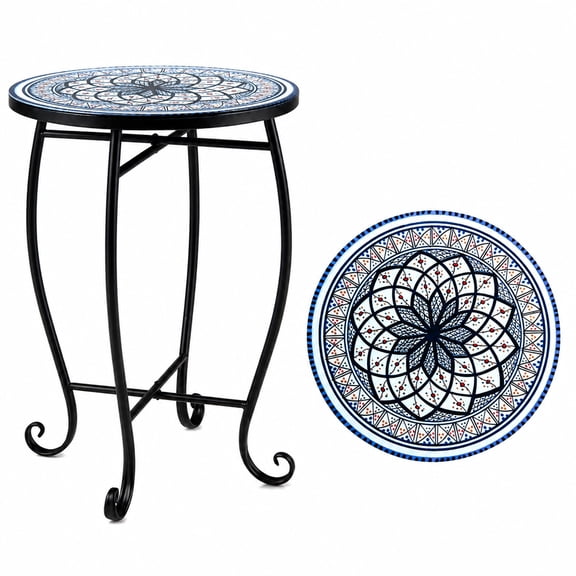 Biotree 14 Inch Mosaic Outdoor Side Table, Metal Patio Accent Plant Stand with Floral Lotus Top and Stable X-Base for Garden Porch Indoors, White