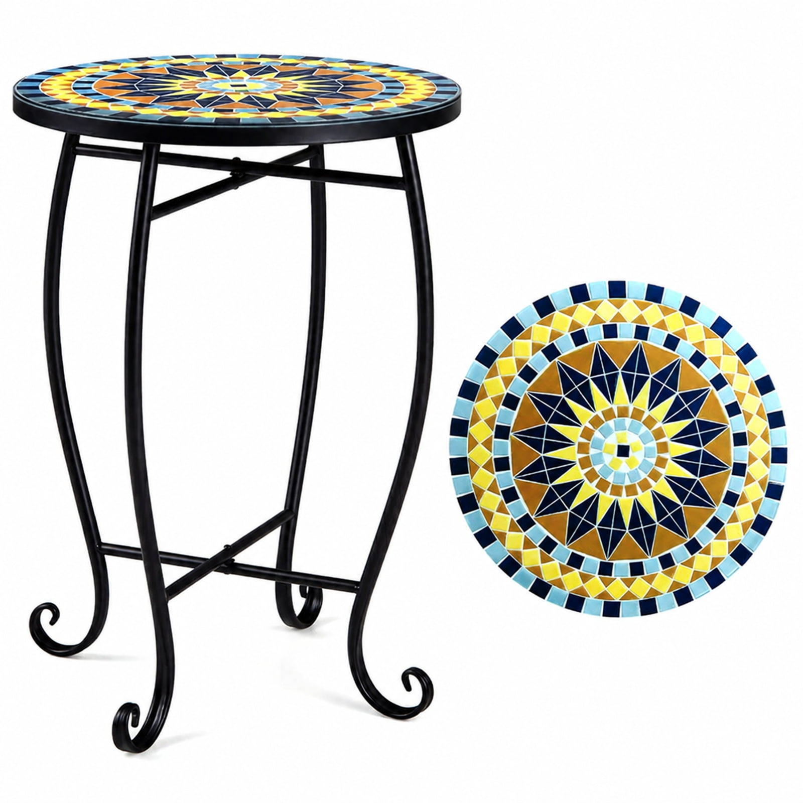 Biotree 14 Inch Mosaic Patio Accent Table, Metal Outdoor Side Table Plant Stand with Sunflower Floral Top and X-Base for Backyard Poolside, Yellow