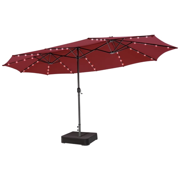 Biotree 15 Feet Double-Sided Patio Umbrella with 48 LED Lights-Dark Red Outdoor Backyard Deck Garden