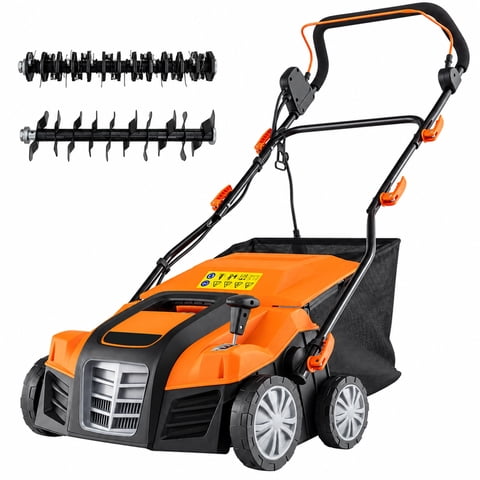 Biotree 16" 15 Amp Electric Lawn Dethatcher, 2-in-1 Corded Lawn Scarifier & Electric Lawn Rake with 6L Collection Bag, 4-Position Height Adjustment for Lawn Renovation Grass Care Orange