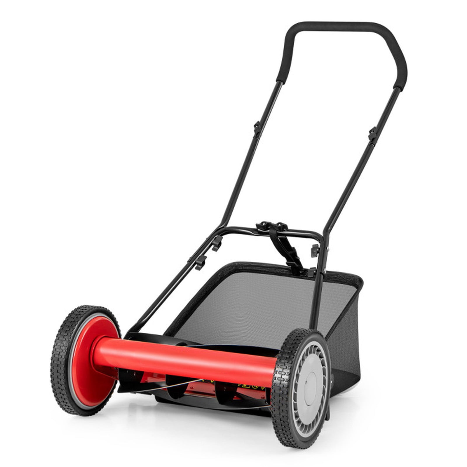 Biotree 16 Inch Push Lawn Mower with 5 Steel Blades and Grass Catcher Bag-Red Manual Reel Eco-Friendly