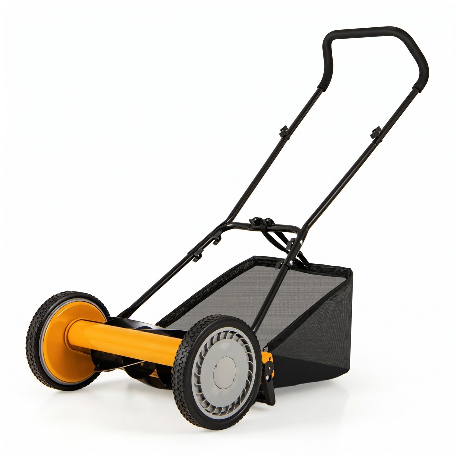 Biotree 16 Inch Push Reel Lawn Mower with 5 Steel Blades and Grass Catcher Bag, Manual Push Mower with 4 Adjustable Cutting Heights for Small Yards, Orange