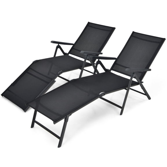 Biotree 2 Pieces Foldable Chaise Lounge Chair with 2-Position Footrest Stackable Patio Chair for Garden Backyard, Black