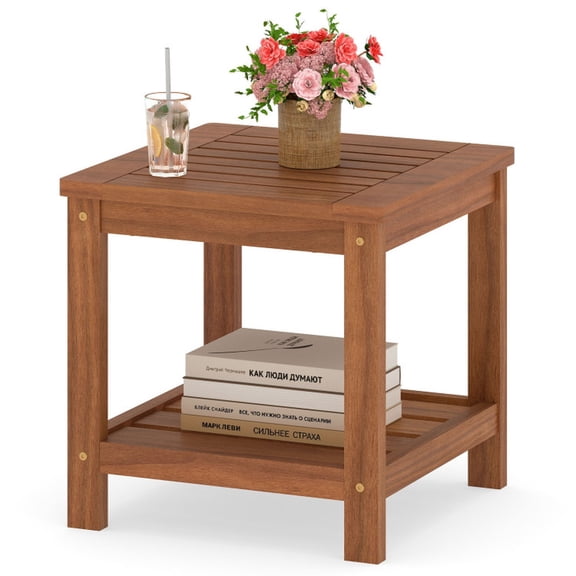 Biotree 2-Tier Outdoor Side Table with Storage Shelf for Patio, Natural