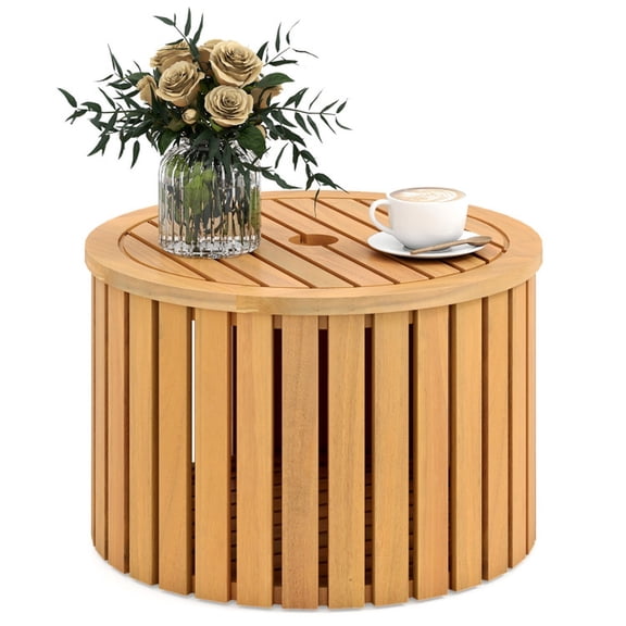 Biotree 2-in-1 Outdoor Side Table with Storage Acacia Wood Slatted Coffee Table Round Slatted End Storage Box with 2.3" Umbrella Hole, Natural