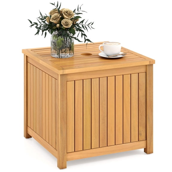 Biotree 2-in-1 Outdoor Side Table with Storage Acacia Wood Slatted Coffee Table Square Slatted End Storage Box with 2.3" Umbrella Hole, Natural