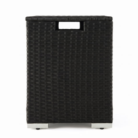 Biotree 2-in-1 Patio Rattan Propane Tank Cover Side Table for 20 lb Tanks, Outdoor PE Wicker Gas Cylinder Hideaway with Metal Frame and Adjustable Feet, Black