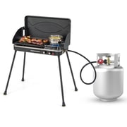 Biotree 2-in-1 Portable Gas Camping Grill and Stove, 20,000 BTU Propane Tabletop BBQ Grill, Foldable Camp Stove with Detachable Legs for Camping Picnic Backyard Black